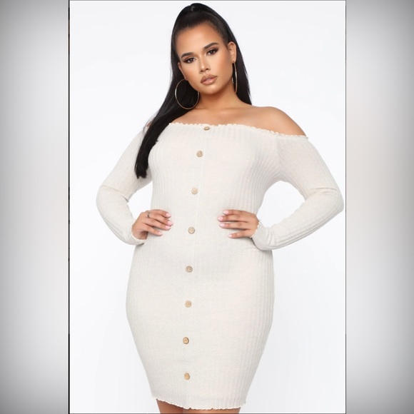 Jacklyn Off Shoulder Mini Long Sleeve Dress Cream /Oatmeal New With Tags Fashion - Picture 1 of 4